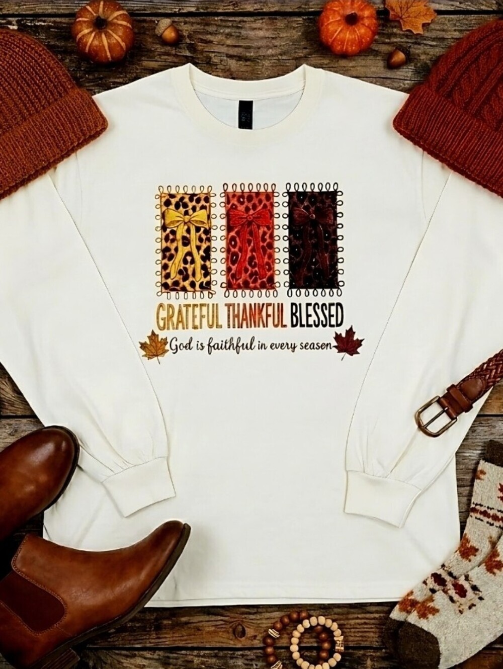 Grateful Thankful Blessed Fall Long Sleeve • Christian Faith Shirt • Leopard